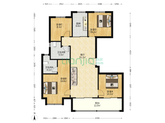 湖湾天地 4室1厅2卫 141平方