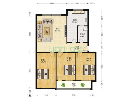 豫缆家园 3室1厅1卫 128平方