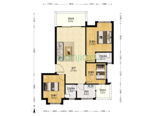凯旋城 3室1厅2卫 96平方