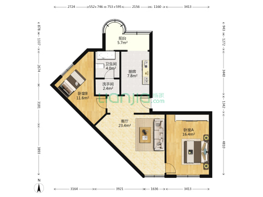 宝石公寓 2室1厅2卫 92平方