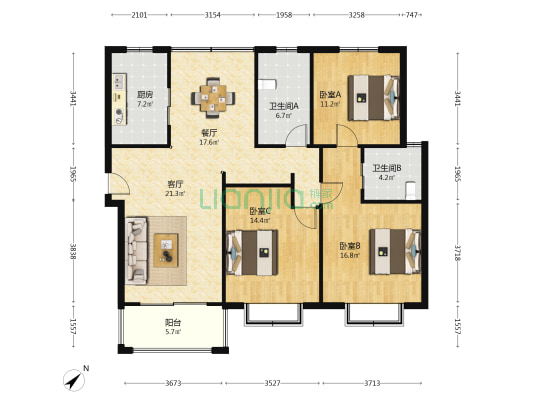 茗馨公寓 3室2厅2卫 135平方