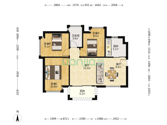 龙城雅郡 3室2厅1卫 83平方