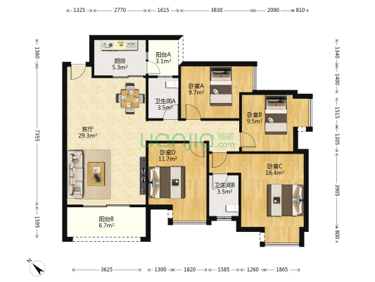 金凤苑A区 4室1厅2卫 130平方
