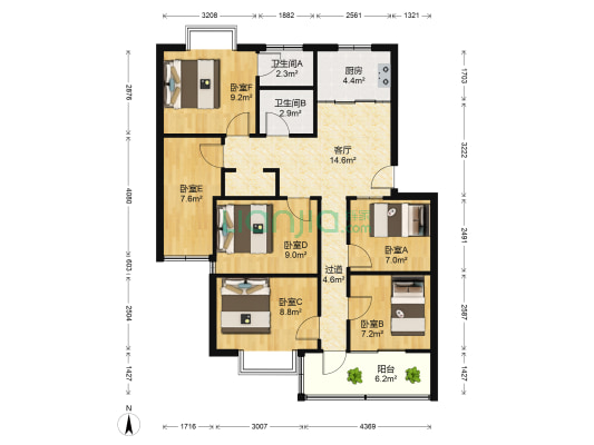 天门湖新界 6室1厅2卫 98平方