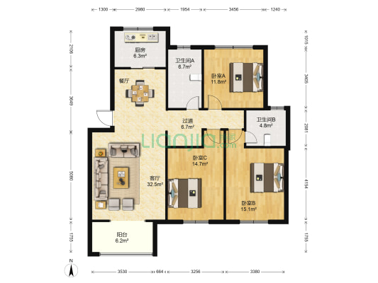 惠民小区N区 3室1厅2卫 127平方