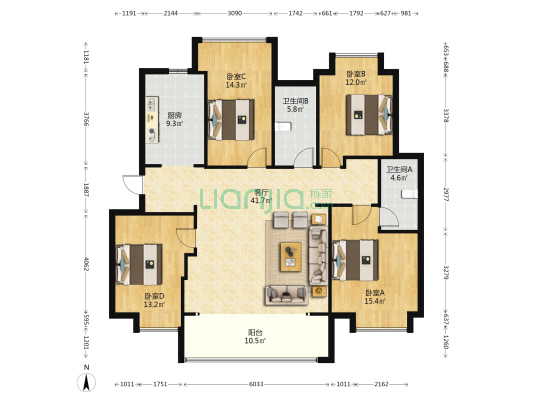 龙湖盛天天钜六区 4室1厅2卫 149平方