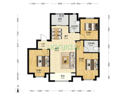 公元九里 3室2厅2卫 124平方