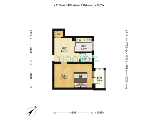 水闸北路20号楼 1室1厅1卫 40平方