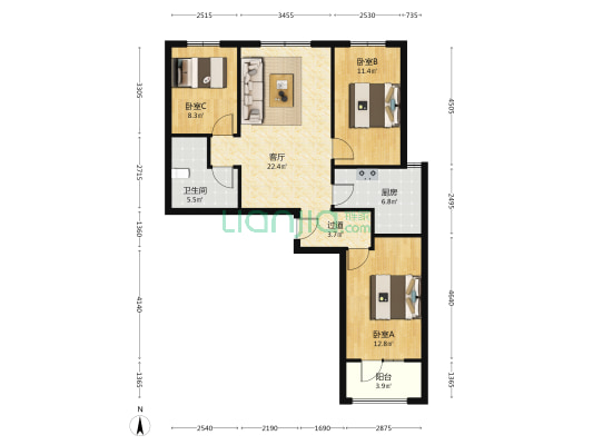 建和园 3室1厅1卫 116平方
