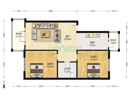 名人一百贵族园 2室1厅1卫 110平方