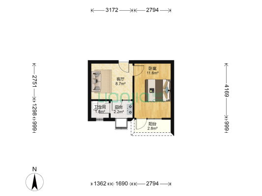复兴路社区工程营小区 1室1厅1卫 34平方