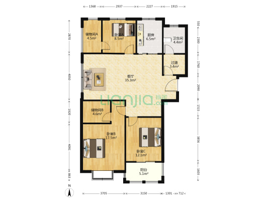 新城明珠鼎园 3室1厅1卫 137平方