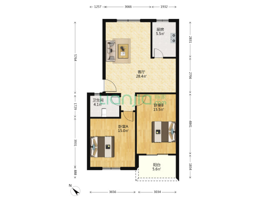 太子水榭 2室1厅1卫 87平方