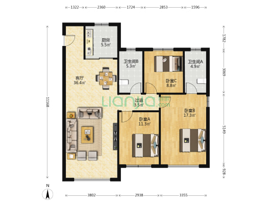 中海寰宇天下云镜 3室1厅2卫 126平方