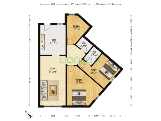 南大街380号 3室1厅2卫 90平方