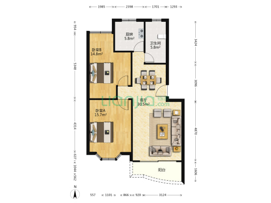 庆枫花苑 2室1厅1卫 92平方