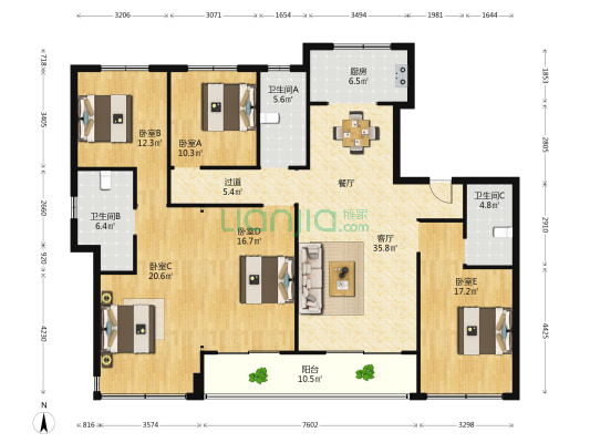 荣安嘉樾庄 5室1厅3卫 186平方
