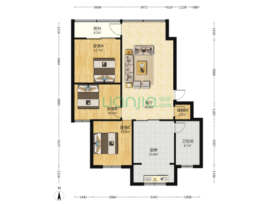 堰塘街1号 3室1厅1卫 123平方