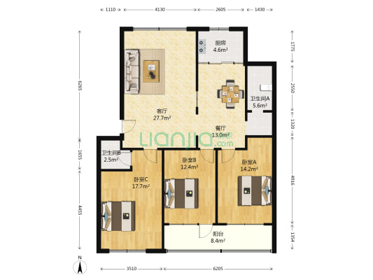 青山小区 3室2厅2卫 125平方