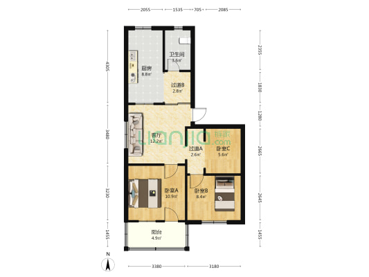 江苏开通建设工程有限公司宿舍区 3室1厅1卫 74平方