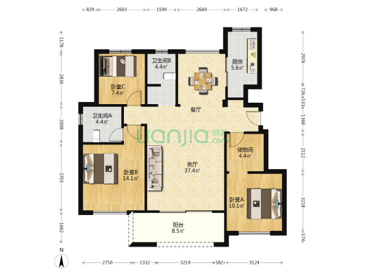 三花景成府 3室1厅2卫 117平方