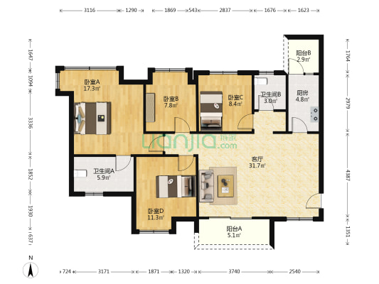 三利麓山城春风里B 4室1厅2卫 123平方