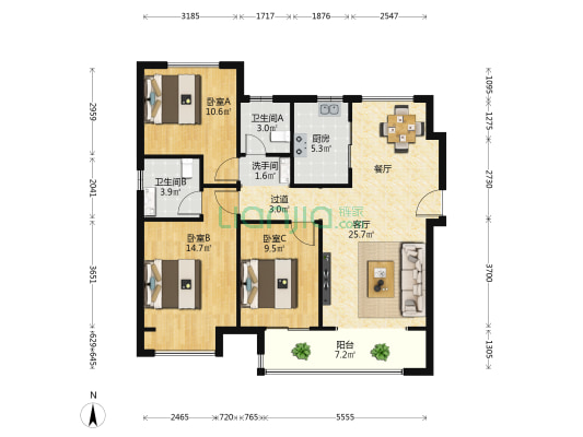 原岸一号院 3室1厅3卫 123平方
