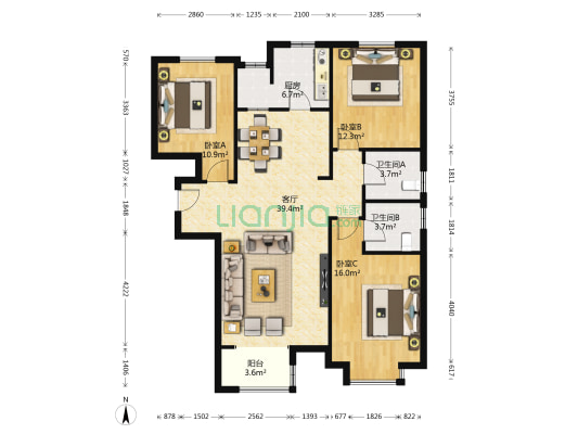众美凤凰绿都一期 3室1厅2卫 133平方