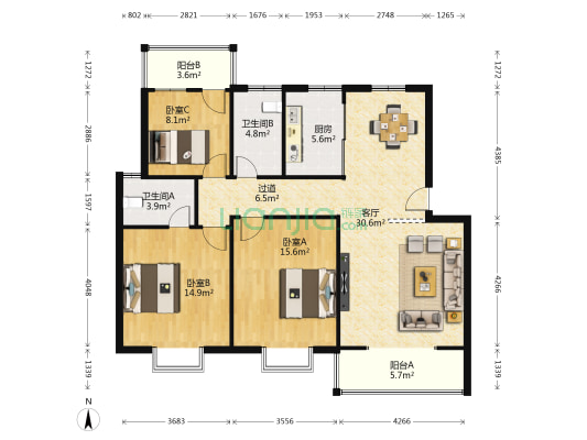 阳晨新世界A区 3室1厅2卫 117平方