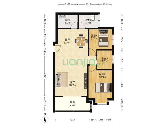 翠园居 3室2厅1卫 77平方