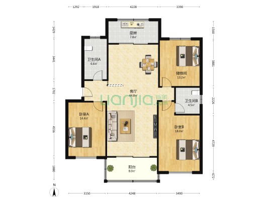 新华园 2室1厅2卫 147平方