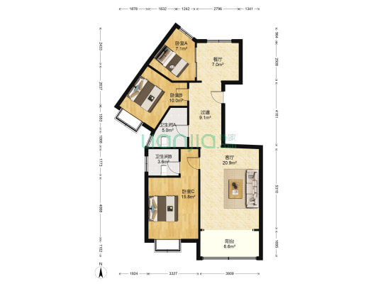 山水名园三期 3室2厅2卫 120平方