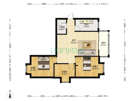 凤湖新城五区 3室1厅1卫 91平方