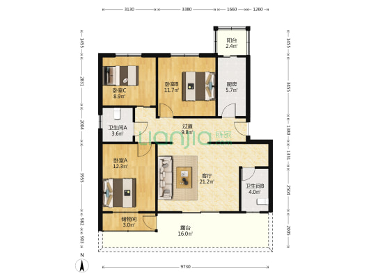 普达里 3室1厅2卫 103平方
