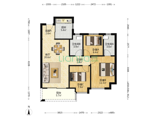 东方红梅溪枫林 3室1厅2卫 93平方