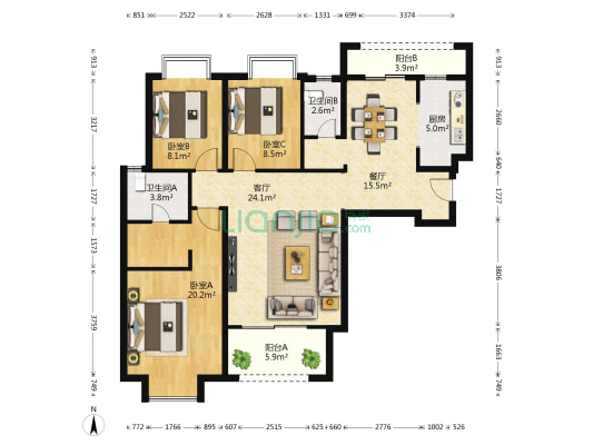 宁宝世家 3室2厅2卫 126平方