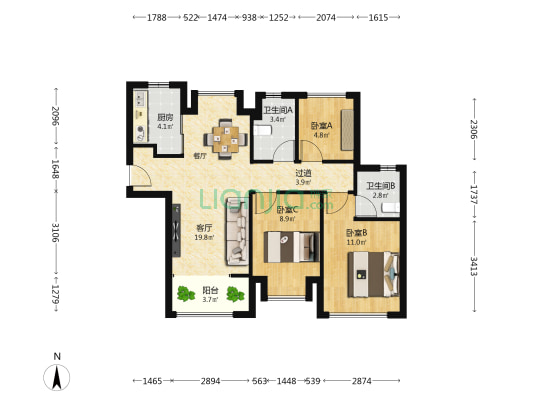 建发·书香泊月 3室1厅2卫 88平方