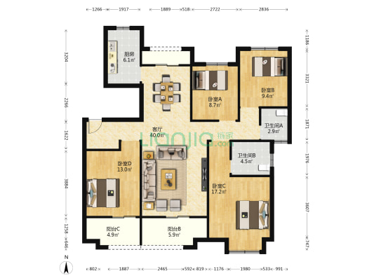国投襄阳府C区 4室1厅2卫 93平方