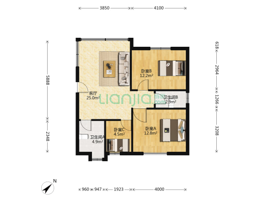 金芙花园 3室1厅2卫 80平方