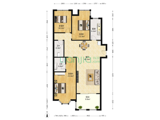 君正·红石莊園 3室1厅2卫 144平方