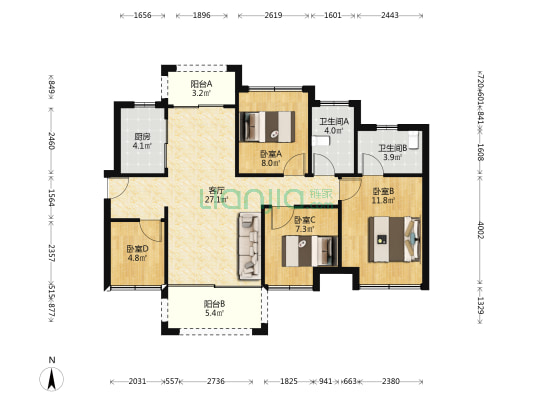 佳兆业东江新城七期 4室1厅2卫 95平方