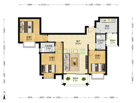 南山丰景二期 3室1厅2卫 107平方