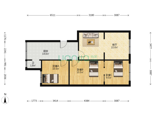 观文巷3号院 3室1厅1卫 65平方