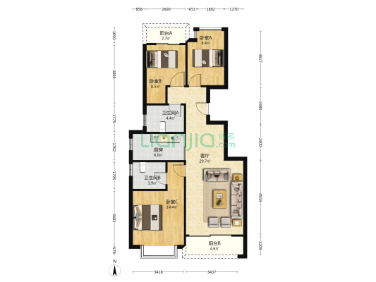 恒大锦城一期1组团 3室1厅2卫 106平方