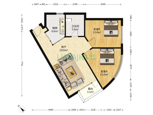 万科双子座 2室1厅1卫 104平方
