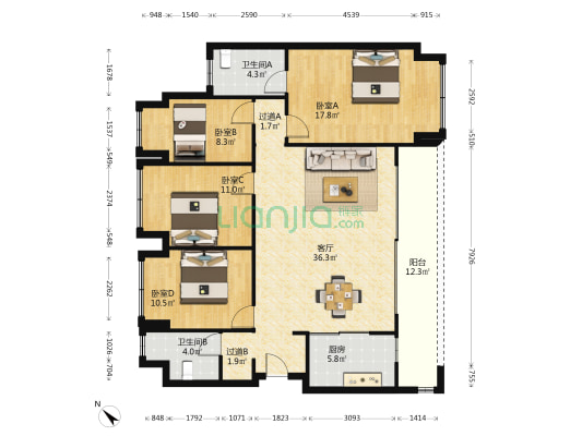 招商渝天府棠镜 4室1厅2卫 123平方