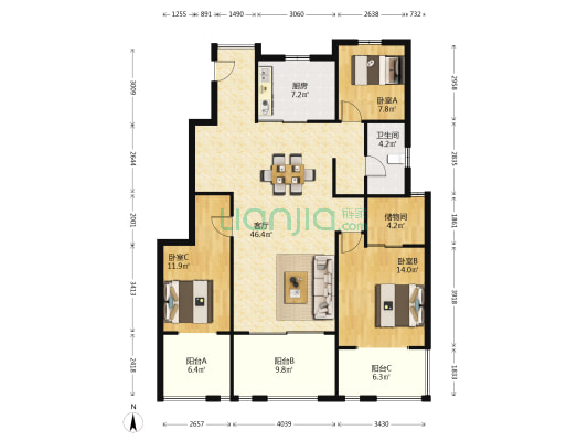 紫金花园南区 3室1厅1卫 121平方