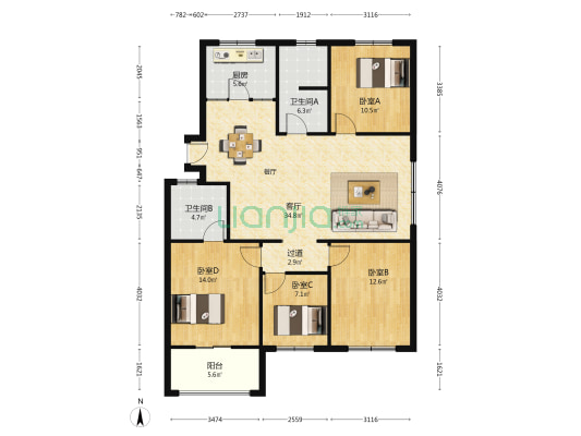万邦盛世嘉园 4室1厅2卫 130平方