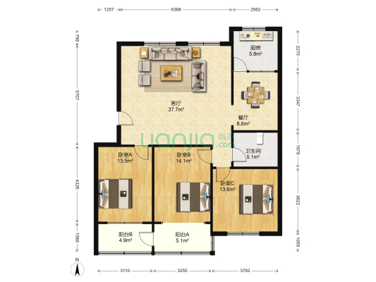 泰华花园 3室2厅1卫 121平方