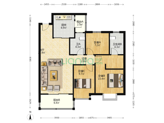 恒大潘安湖生态小镇 3室1厅2卫 123平方